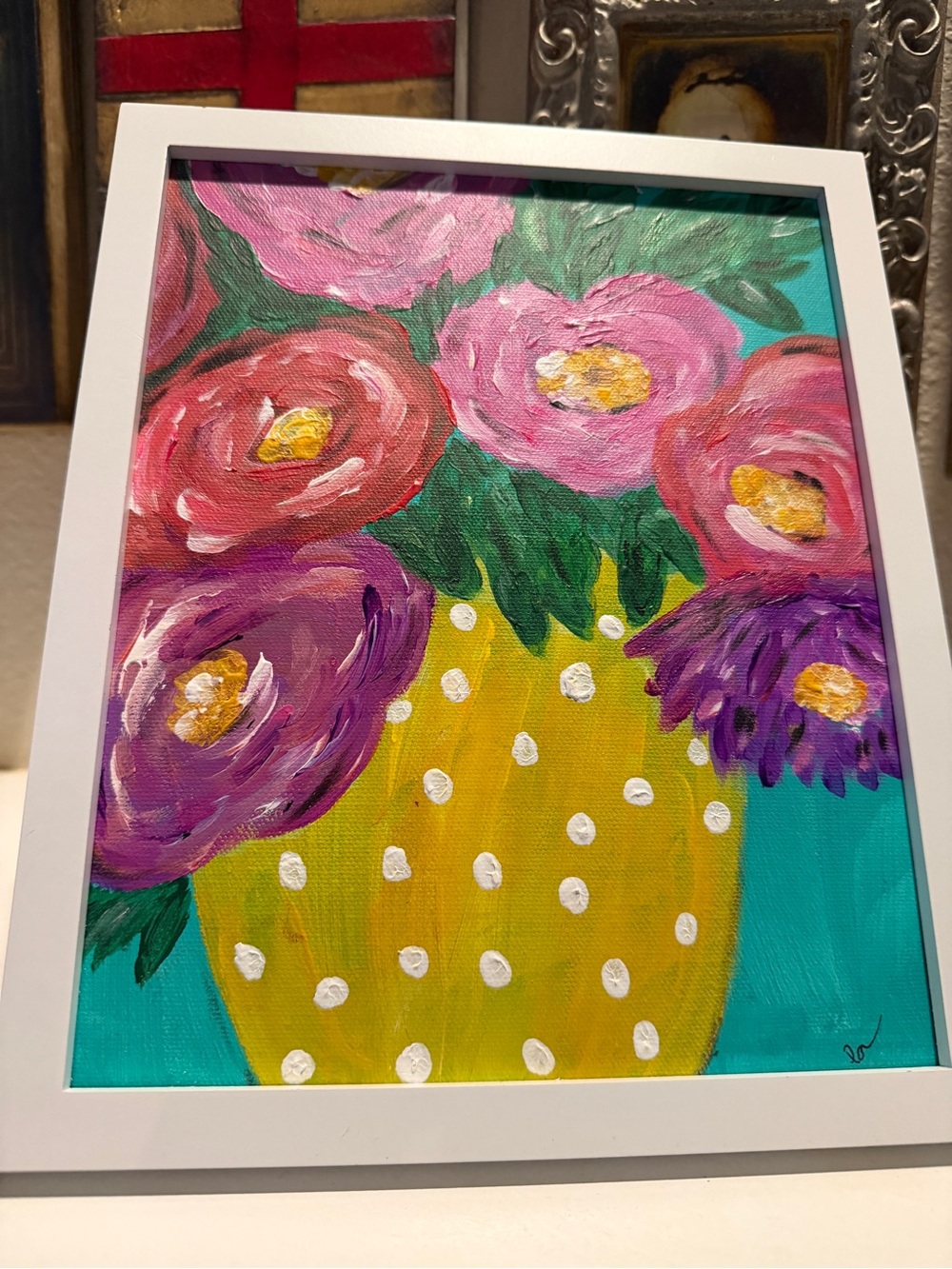 Vibrant Floral Acrylic‎ Painting – Colorful Bouquet in Yellow Polka Dot